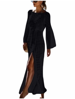 Bsubseach Women Lace Up V Neck Long Sleeve Crochet Swimsuit Cover Up Dress