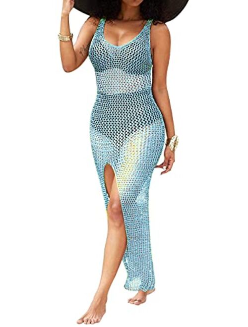 Women's Sexy Sleeveless Swimsuit Cover Ups Sheer Crochet Beach Bikini See Through Long Maxi Swimwear Maxi Dresses Plus Size