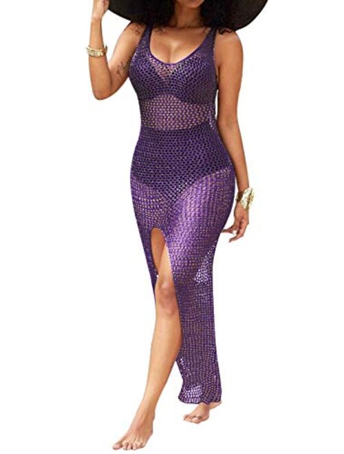 Women's Sexy Sleeveless Swimsuit Cover Ups Sheer Crochet Beach Bikini See Through Long Maxi Swimwear Maxi Dresses Plus Size