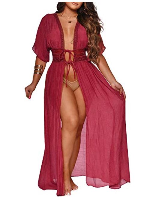 FANCYINN Womens Long Lace Cover up Sheer Bikini Coverups Kimono Tie Front Bathing Suit Swimsuit Beachwear