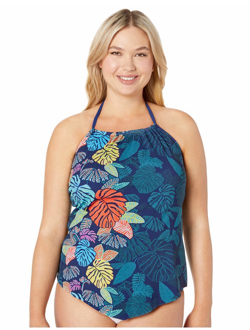 24th & Ocean Women's Plus Size High Neck Halter Handkerchief Tankini Swimsuit Top