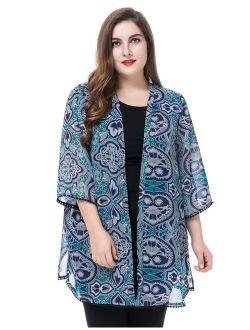 Chicwe Women's Plus Size Floral Printed Chiffon Summer Cover up with Trim Cuff