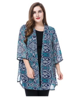 Chicwe Women's Plus Size Floral Printed Chiffon Summer Cover up with Trim Cuff