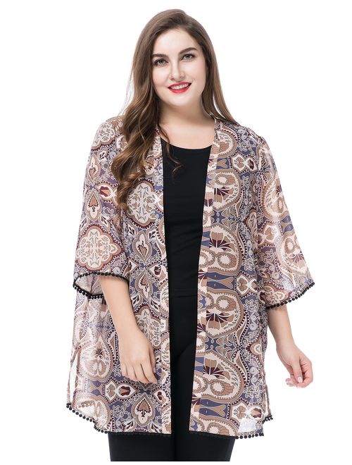 Chicwe Women's Plus Size Floral Printed Chiffon Summer Cover up with Trim Cuff