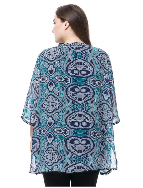 Chicwe Women's Plus Size Floral Printed Chiffon Summer Cover up with Trim Cuff