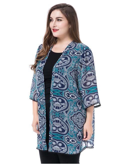 Chicwe Women's Plus Size Floral Printed Chiffon Summer Cover up with Trim Cuff