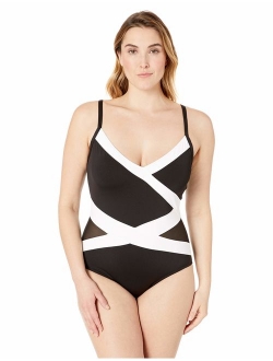 Women's Plus-Size Mesh-Insert Asymmetric Spliced One-Piece Swimsuit