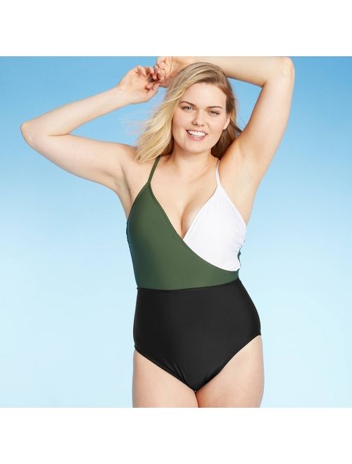 Women's Color Block Wrap High Coverage One Piece Swimsuit - Kona Sol Green