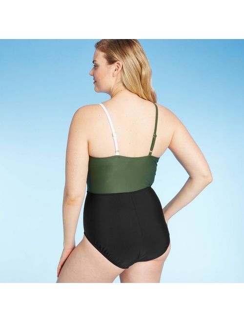 Women's Color Block Wrap High Coverage One Piece Swimsuit - Kona Sol Green