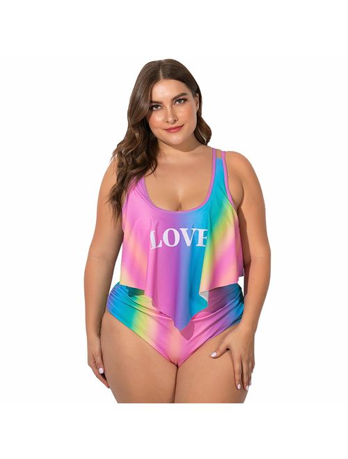 Wellwits Women's Crop Top Flouncing Rainbow Gradient Plus Size Bikini Swimsuit