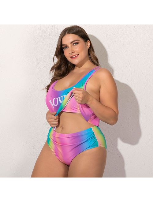 Wellwits Women's Crop Top Flouncing Rainbow Gradient Plus Size Bikini Swimsuit