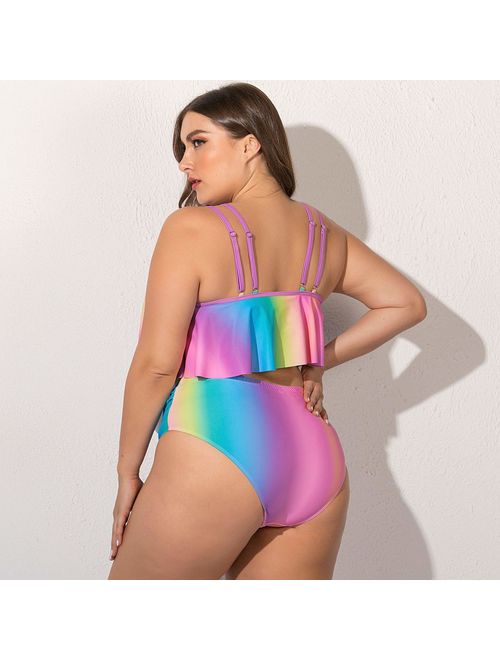 Wellwits Women's Crop Top Flouncing Rainbow Gradient Plus Size Bikini Swimsuit