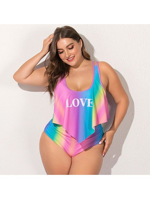 Wellwits Women's Crop Top Flouncing Rainbow Gradient Plus Size Bikini Swimsuit