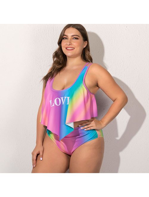 Wellwits Women's Crop Top Flouncing Rainbow Gradient Plus Size Bikini Swimsuit