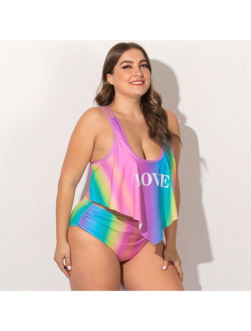 Wellwits Women's Crop Top Flouncing Rainbow Gradient Plus Size Bikini Swimsuit