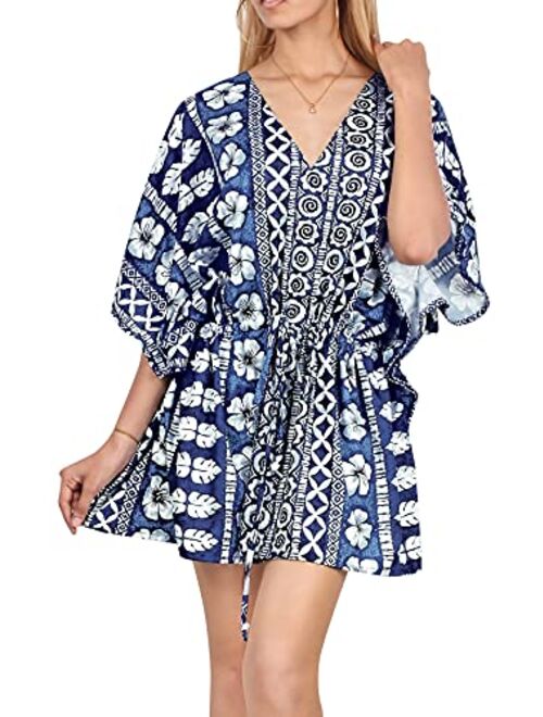 LA LEELA Women's Midi Kaftan Dress Caftan Cover Up Sleepwear Tops Drawstring