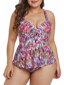 Blibea Womens Plus Size Floral Print Tankini Swimsuit Two Piece Bathing Suits M-3XL