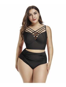 Bycc Bynn Women's Plus Size Strappy Swimwear Ruffled High Waist Bikini Set Bathing Suit