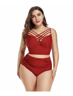 Bycc Bynn Women's Plus Size Strappy Swimwear Ruffled High Waist Bikini Set Bathing Suit