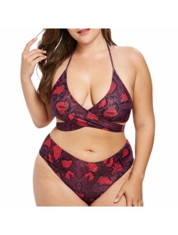 Poliphili Women's Plus Size Two Piece Snake Floral Print Bathing Suit High Waist Bikini Swimwear