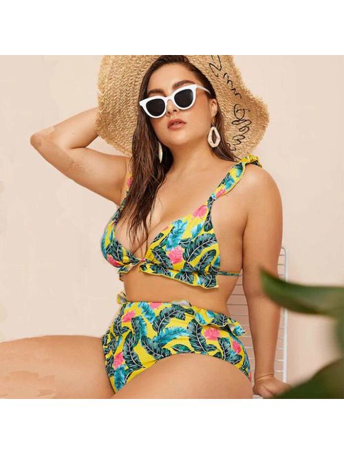 Poliphili Women's Plus Size Two Piece Snake Floral Print Bathing Suit High Waist Bikini Swimwear