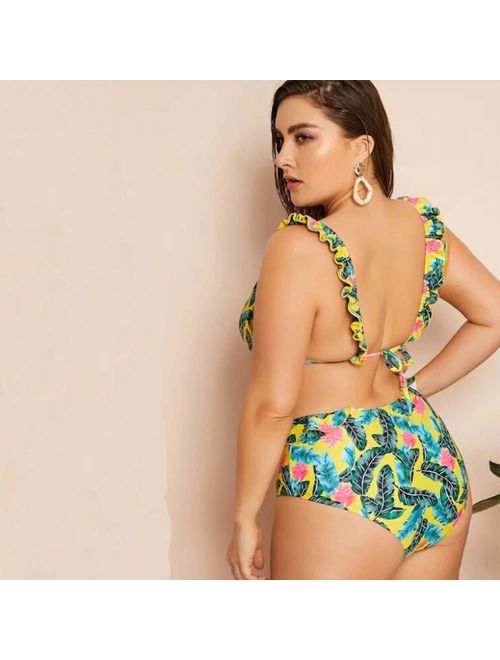 Poliphili Women's Plus Size Two Piece Snake Floral Print Bathing Suit High Waist Bikini Swimwear