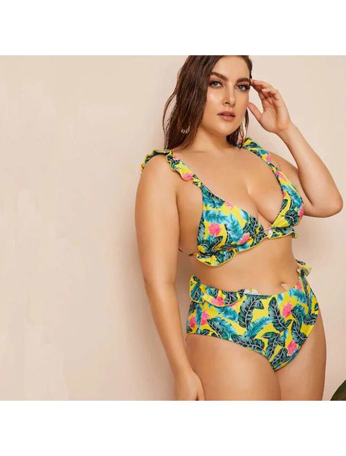 Poliphili Women's Plus Size Two Piece Snake Floral Print Bathing Suit High Waist Bikini Swimwear