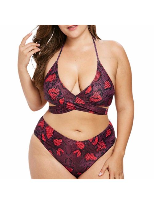 Poliphili Women's Plus Size Two Piece Snake Floral Print Bathing Suit High Waist Bikini Swimwear