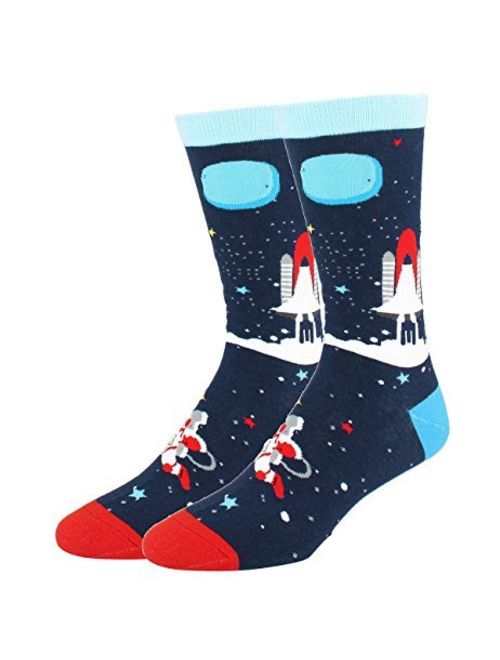 HAPPYPOP Men's Funny Space Nerd Crew Socks for Gift Colorful Crazy Gaming Rocket