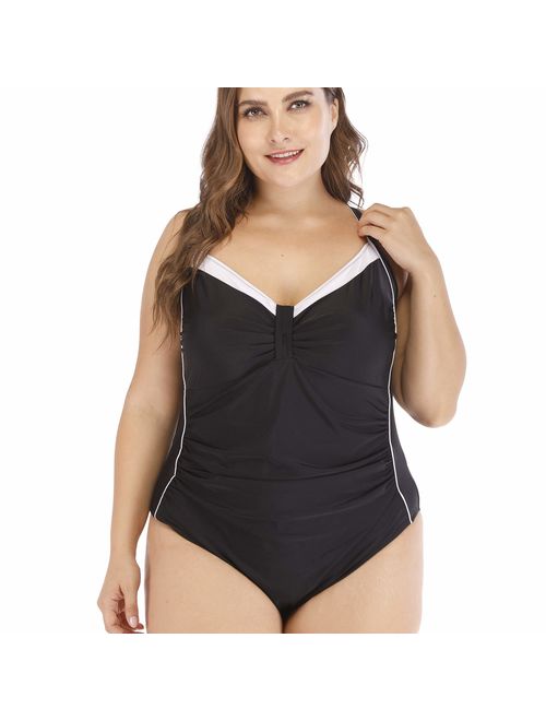 Wellwits Women's Plus Size Black and White Bow Ruched One Piece Swimsuit