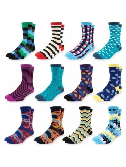 Men's Colorful Dress Socks - Fun Patterned Funky Crew Socks For Men - 12 Pack