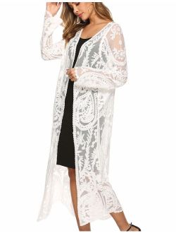 Women's Lace Cardigan Floral Crochet Sheer Beach Cover Ups Long Open Kimono