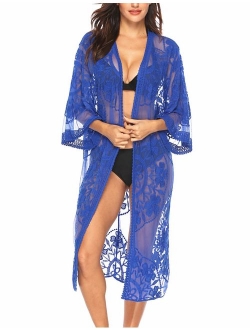 Women's Lace Cardigan Floral Crochet Sheer Beach Cover Ups Long Open Kimono