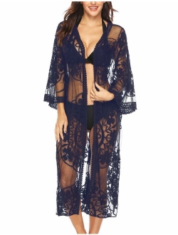 Women's Lace Cardigan Floral Crochet Sheer Beach Cover Ups Long Open Kimono