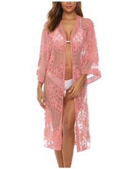 Women's Lace Cardigan Floral Crochet Sheer Beach Cover Ups Long Open Kimono