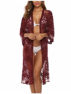 Women's Lace Cardigan Floral Crochet Sheer Beach Cover Ups Long Open Kimono