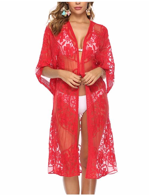 Women's Lace Cardigan Floral Crochet Sheer Beach Cover Ups Long Open Kimono