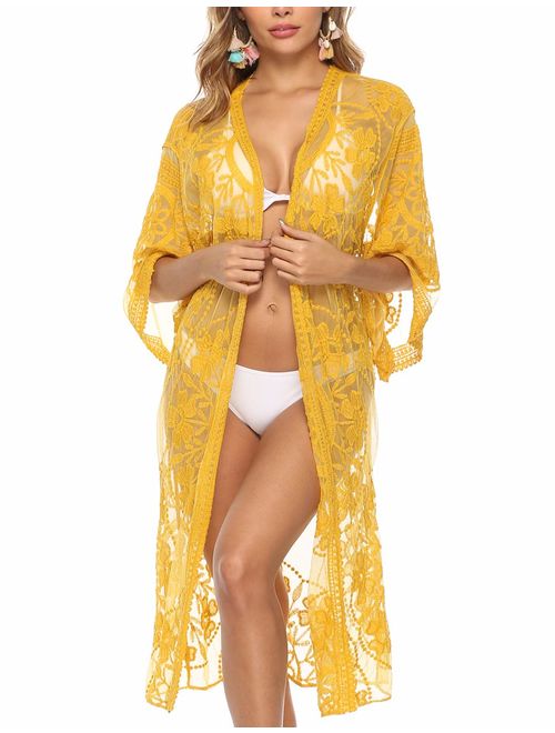 Women's Lace Cardigan Floral Crochet Sheer Beach Cover Ups Long Open Kimono