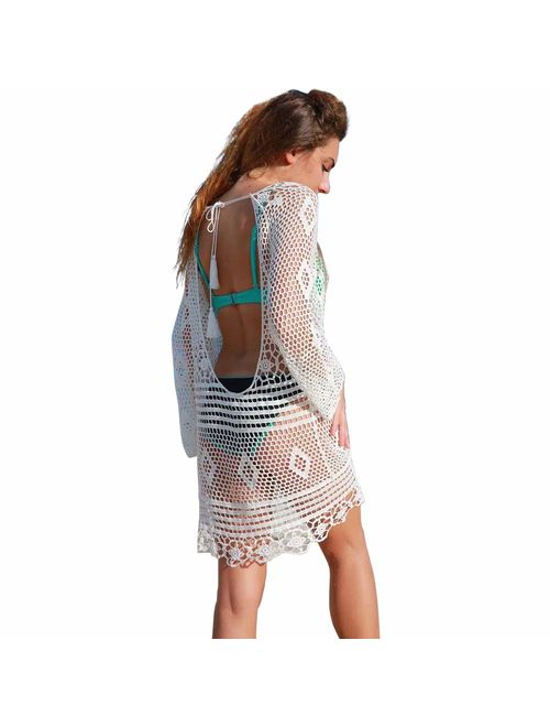 Exlura Bikini Beach Swimwear Cover up Crochet Hollow Out Bohemia Bathing Suit Swimsuit Dress