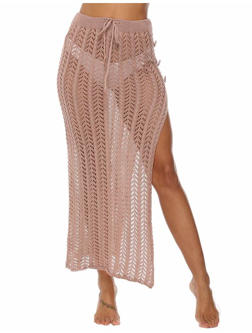 Kistore Womens Crochet Cover Up Skirts Sexy Hollow Out Beach Maxi Skirt with Side Slits