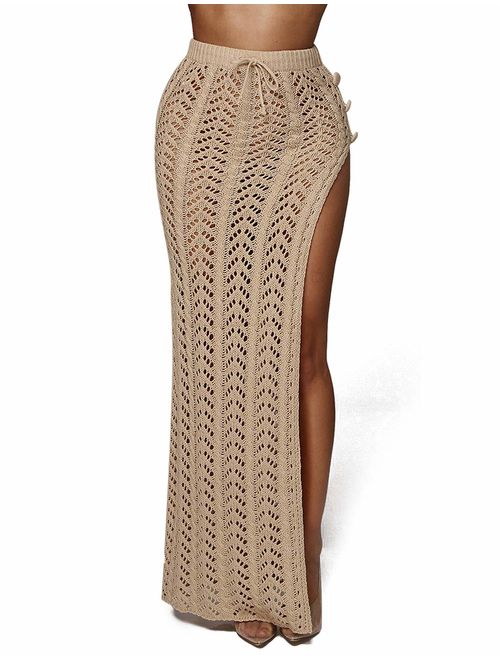 Kistore Womens Crochet Cover Up Skirts Sexy Hollow Out Beach Maxi Skirt with Side Slits