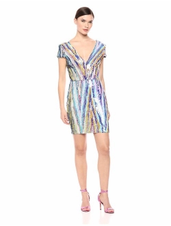 DRESS THE POPULATION Women's Zoe Cap Sleeve Plunging Sequin Mini Dress