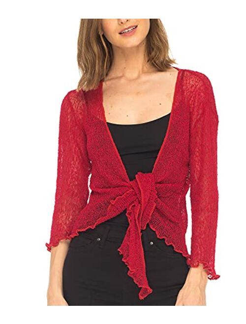 SHU-SHI Womens Sheer Shrug Tie Top Open Front Cardigan Lightweight Knit