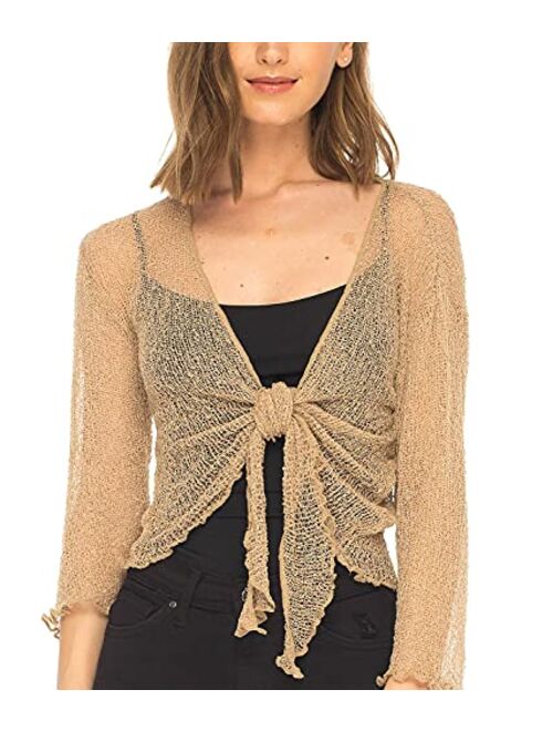 SHU-SHI Womens Sheer Shrug Tie Top Open Front Cardigan Lightweight Knit