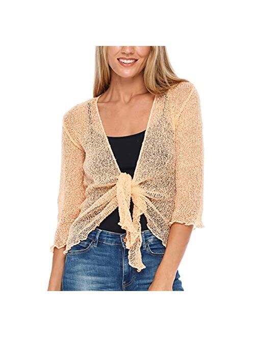 SHU-SHI Womens Sheer Shrug Tie Top Open Front Cardigan Lightweight Knit