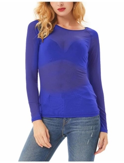 Women's Long Sleeve See Through Mesh Sheer Top Blouse Shirt