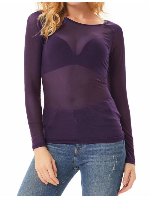 GRACE KARIN Women's Long Sleeve See Through Mesh Sheer Top Blouse Shirt