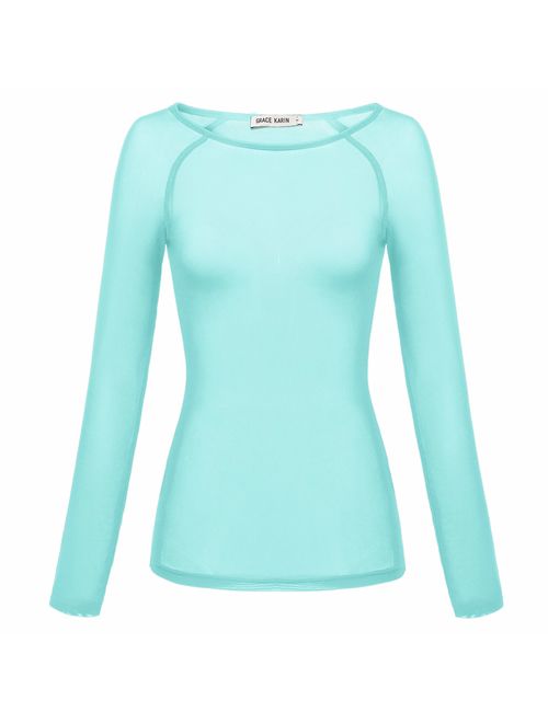 GRACE KARIN Women's Long Sleeve See Through Mesh Sheer Top Blouse Shirt