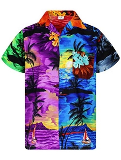 Funky Hawaiian Shirt Men Shortsleeve Frontpocket Hawaiian-Print Leaves Flowers Pineapple