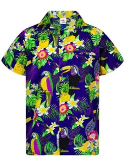 Funky Hawaiian Shirt Men Shortsleeve Frontpocket Hawaiian-Print Leaves Flowers Pineapple